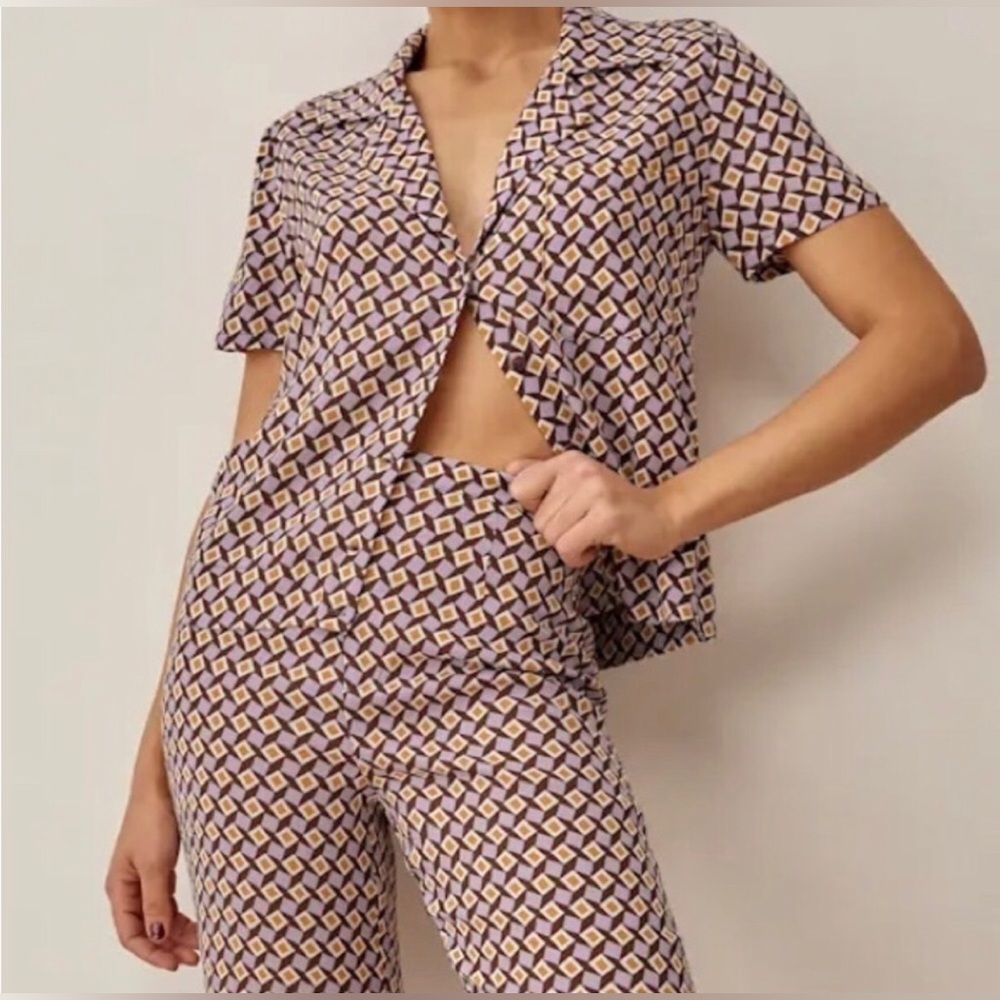 REFORMATION Short Sleeve Button Down Shirt Blouse Geometric Pattern Women’s XS